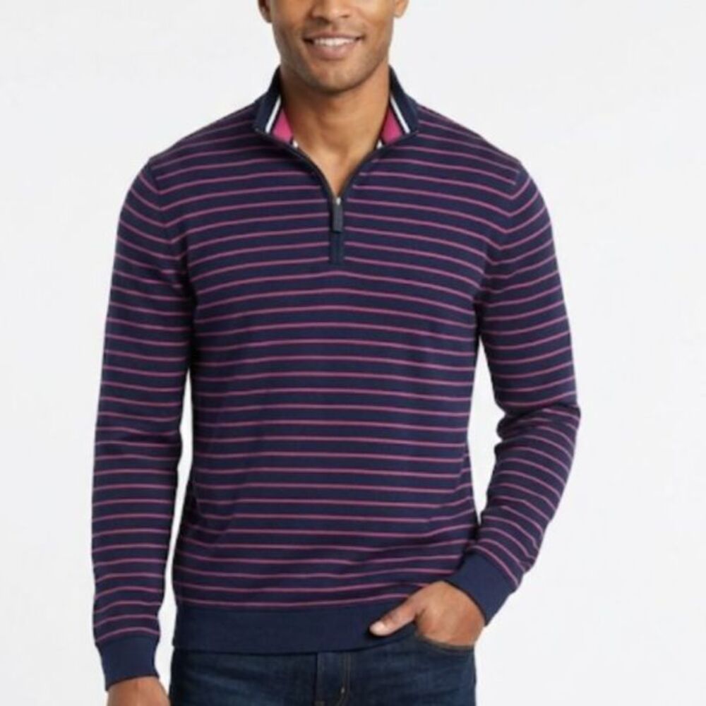 Jos. A Bank 1905 Mens Navy Pink Horizontal Stripe 1/4 Zip LS Pullover Shirt Sz L
